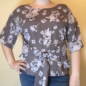 Purple Tie-Front Blouse with Elbow-Length Sleeves